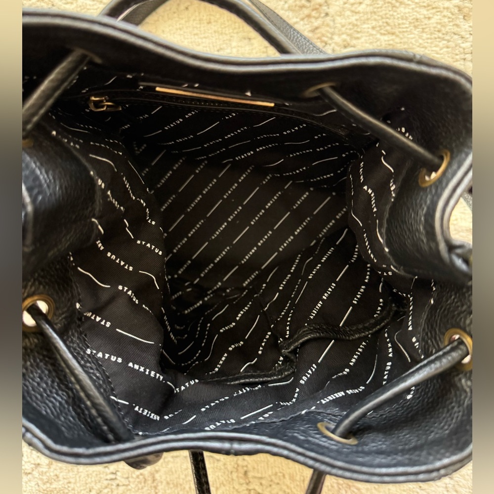 Status Anxiety Black Leather Drawstring Bucket Crossbody Bag - Picture 7 of 10